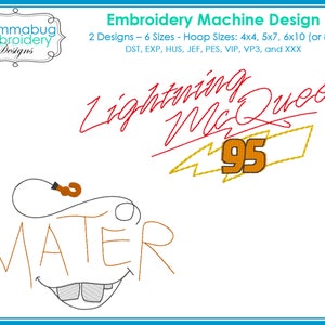 Lightning McQueen and Mater Cars Signatures DIGITAL Embroidery Machine Design File