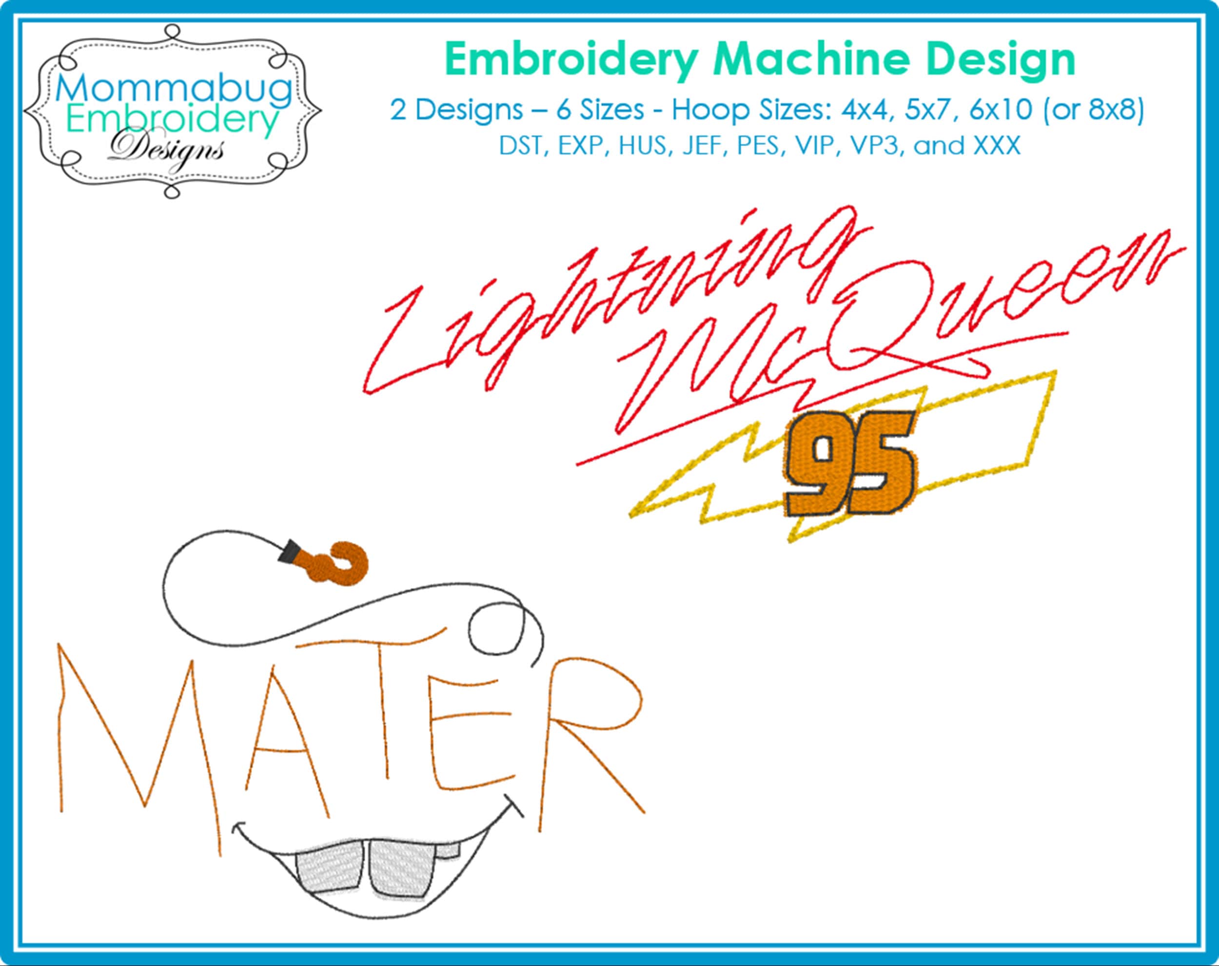 Lightning McQueen and Mater Cars Signatures DIGITAL Embro… embroidery font sample
