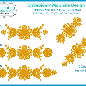 May include: Three embroidery designs featuring a gold floral pattern with leaves. The designs are shown in different sizes: 5.5 inches, 7 inches, and 8 inches. The text "2 Designs for 4x4 Hoop" is also included.