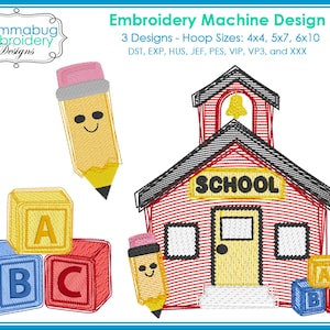School House, Pencil and ABC Blocks Scribble Sketch THREE Designs DIGITAL Embroidery Machine Design File