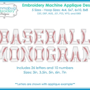 May include: Baseball Monogram embroidery design with the word BASEBALL above MONOGRAM. The design includes 26 letters and 10 numbers. Available in 3in, 3.5in, 5in, 6in, and 7in sizes. The design is for embroidery machines.