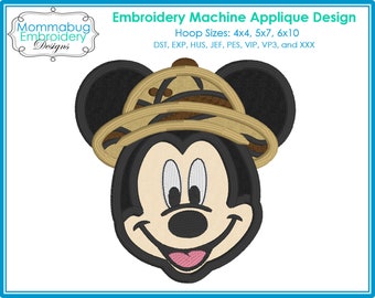 Mouse in Safari Hat Applique DIGITAL Embroidery Machine Design File