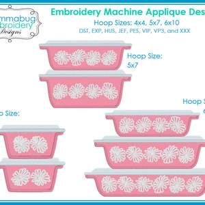 May include: Embroidery machine applique design for a set of pink and white casserole dishes. The design is available in four sizes: 4x4, 5x7, 6x10 inches. The design includes the text "Mommabug Embroidery Designs".