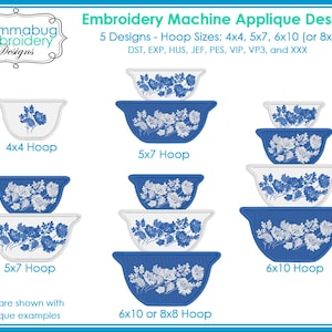 Peut inclure: Un motif d'appliqué pour machine à broder représentant des bols avec des motifs floraux. Le design comprend différentes tailles, telles que des cerceaux de 4x4, 5x7 et 6x10. Les bols sont bleus et blancs, avec des exemples d'appliqués.
