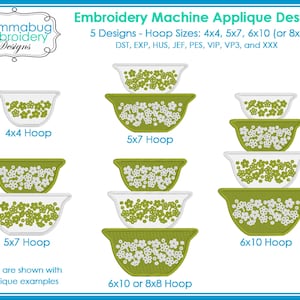 Peut inclure: Motif d'applique pour machine à broder Mommabug Embroidery Designs présentant cinq modèles de bols avec des motifs floraux blancs sur fond vert ou blanc. Inclut les tailles de cadre 4x4, 5x7, 6x10, 8x8 et les formats DST, EXP, HUS, JEF, PES, VIP, VP3, XXX.