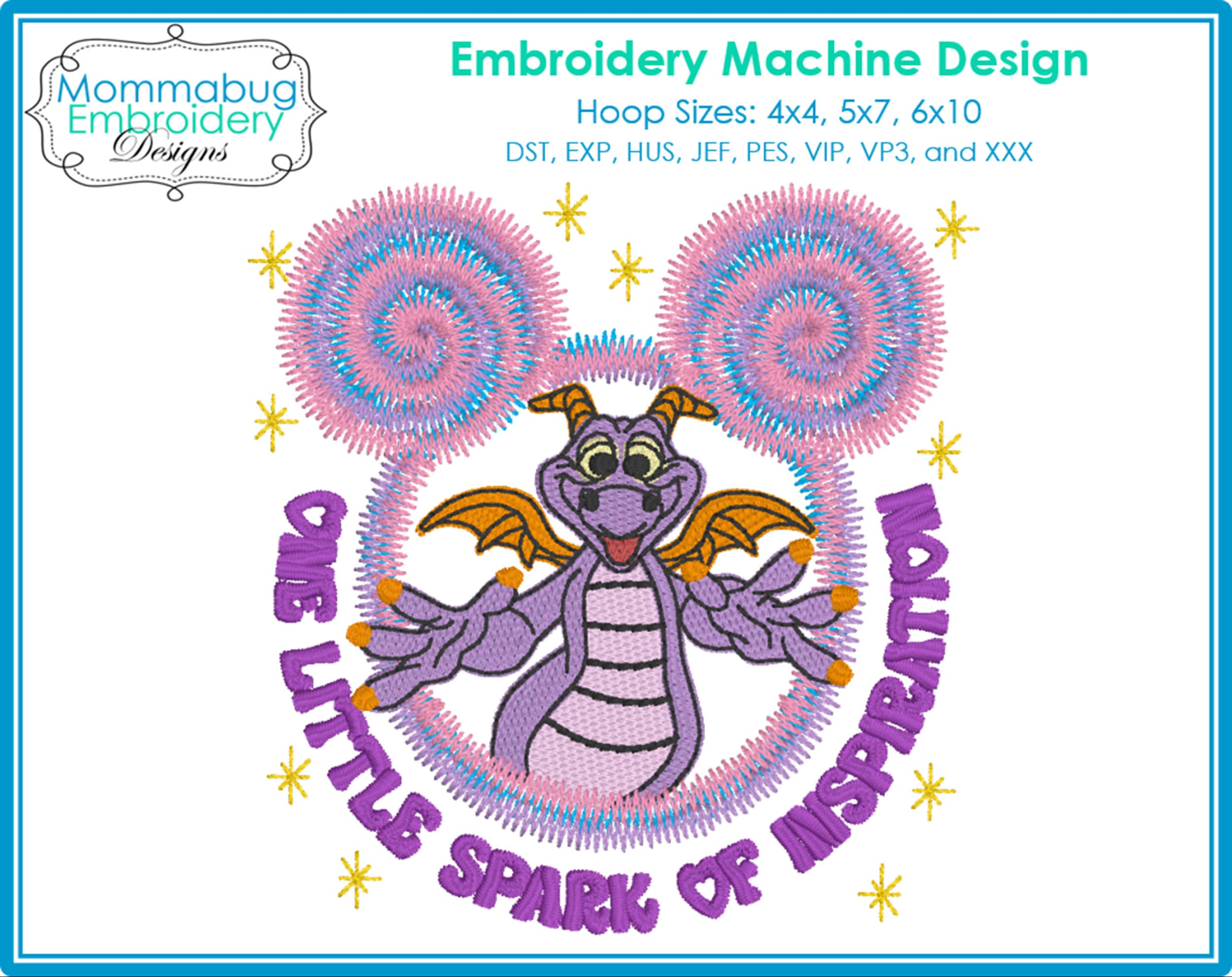 Figment Jumping Out of Tie Dye Mouse Head DIGITAL Embroid… embroidery font sample