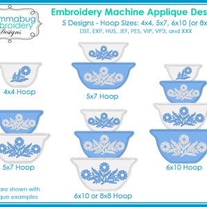 Puede incluir: Un diseño de aplique para máquina de bordar con cuencos con motivos florales. El diseño incluye varios tamaños para aros de 4x4, 5x7 y 6x10. Los cuencos son azules y blancos, con ejemplos de apliques. Medidas en cm.