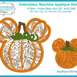 May include: An embroidery machine applique design featuring a pumpkin shape with mouse-like ears, filled with a leaf pattern. The design includes a brown stem and green leaves. Text reads: Mommabug Embroidery Designs, Embroidery Machine Applique Design, 6 Sizes - Hoop Sizes: 4x4, 5x7, 6x10, 8x8, DST, EXP, HUS, JEF, PES, VIP, VP3, and XXX.