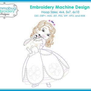 May include: Embroidery design of a princess in a purple dress holding a white rabbit. The design includes a crown, pearls, and a floral pattern. The text "Embroidery Machine Design" and "Hoop Sizes: 4x4, 5x7, 6x10" is also included.