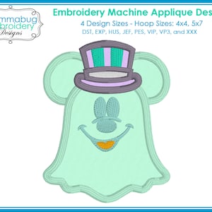 Boy Mouse Haunted Ghost Host with Top Hat DIGITAL Embroidery Machine Design File