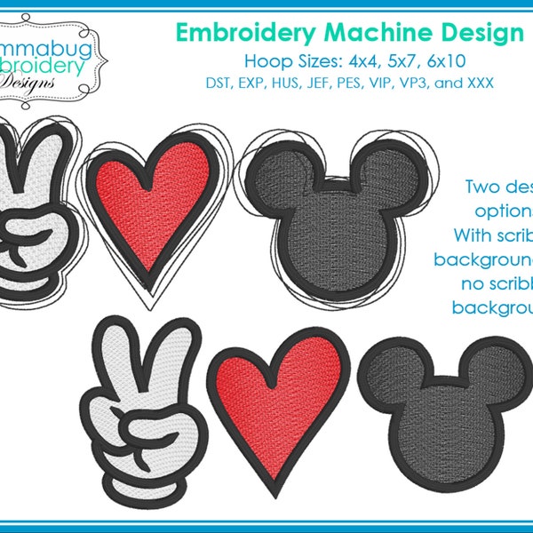 Peace Love Mouse Head DIGITAL Embroidery Machine Design File