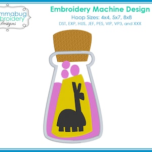 May include: A digital embroidery design of a glass bottle with a cork stopper, filled with pink liquid and a black llama inside. The bottle is on a yellow background with pink bubbles. The text "Embroidery Machine Design" is at the top of the image.