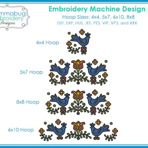 May include: A graphic showing different embroidery hoop sizes with a floral and bird design. The hoop sizes are 4x4, 5x7, 6x10, and 8x8. The design features blue birds, orange flowers, and green leaves.