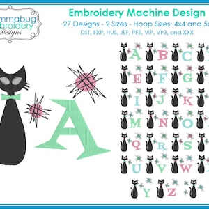 May include: A set of 27 embroidery designs featuring a black cat with a bow tie and a starburst design. The designs are available in two sizes and are compatible with 4x4 and 5x7 hoop sizes. The file formats included are DST, EXP, HUS, JEF, PES, VIP, VP3, and XXX.