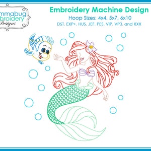 The Little Mermaid Ariel and Flounder Colorwork DIGITAL Embroidery Machine Design File