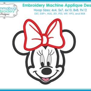 May include: An embroidery machine applique design featuring a cartoon character's face with a red bow. The design includes the text "Embroidery Machine Applique Design" and "Mommabug Embroidery Designs". Hoop sizes are listed as 4x4, 5x7, 6x10, 8x8, and 9x12.