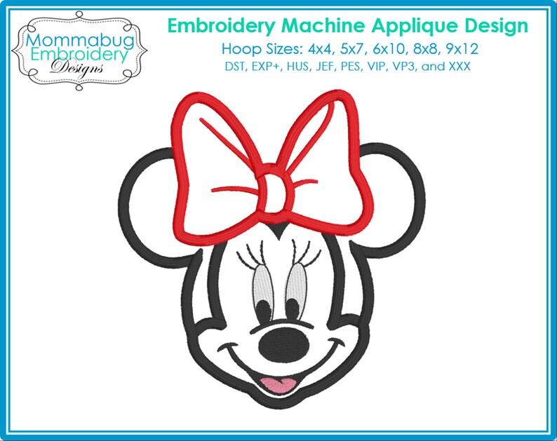May include: An embroidery machine applique design featuring a cartoon character's face with a red bow. The design includes the text "Embroidery Machine Applique Design" and "Mommabug Embroidery Designs". Hoop sizes are listed as 4x4, 5x7, 6x10, 8x8, and 9x12.