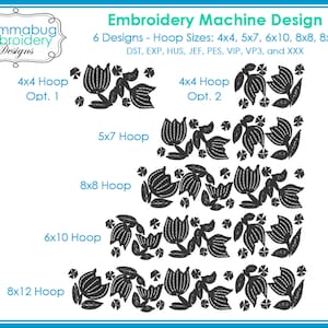 Puede incluir: Un diseño de bordado digital que presenta un patrón floral con tulipanes y hojas. El diseño está disponible en seis tamaños diferentes para aros de bordado: 4x4, 5x7, 6x10, 8x8 y 8x12 pulgadas. El diseño es compatible con varios formatos de máquinas de bordar, incluidos DST, EXP, HUS, JEF, PES, VIP, VP3 y XXX.