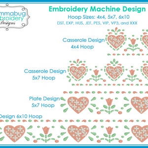May include: Embroidery machine design for a casserole or plate featuring a heart and flower pattern. The design is available in 4x4, 5x7, and 6x10 hoop sizes. The design is available in DST, EXP, HUS, JEF, PES, VIP, VP3, and XXX formats.