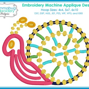 May include: An embroidery machine applique design featuring a stylized snail with a shell. The design includes pink, yellow, blue, and green stitching. The text "Embroidery Machine Applique Design" and hoop sizes are displayed.