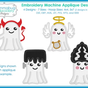 Peut inclure: Motif d'applique pour machine à broder représentant quatre fantômes : un fantôme diable rouge avec une fourche, un fantôme ange avec une auréole et une harpe dorées, un fantôme style Frankenstein avec cheveux noirs et boulons, et un fantôme coiffé haut.