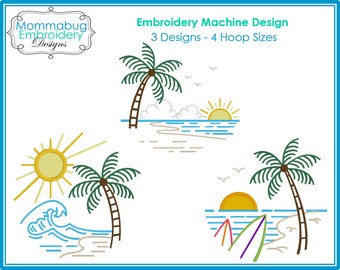 Summer Ocean Palm Tree Beach Scenes DIGITAL Embroidery Machine Design File