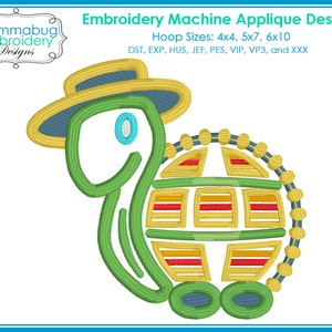 May include: Embroidered applique design of a green turtle wearing a blue and yellow hat. The turtle is carrying a yellow, red, and blue globe on its back. The design is available in multiple hoop sizes: 4x4, 5x7, and 6x10. The file formats include DST, EXP, HUS, JEF, PES, VIP, VP3, and XXX.