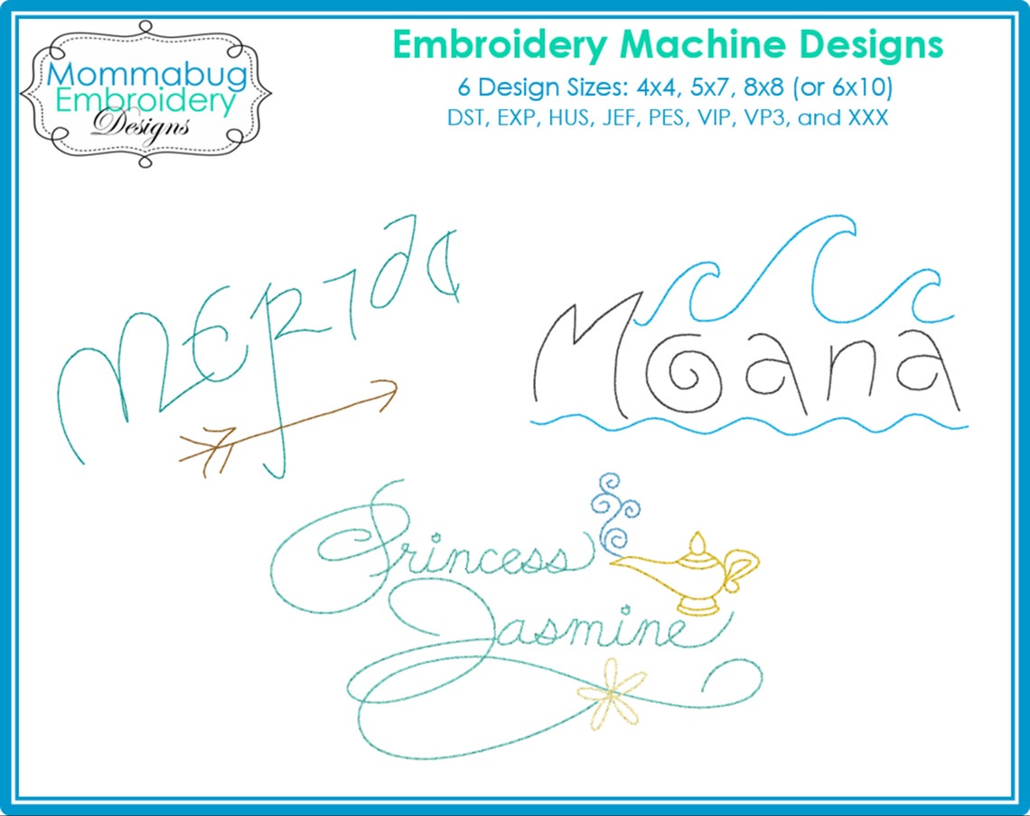 14 Individual Princess Autograph Signatures DIGITAL Embroidery Machine ...