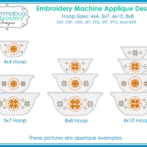 Peut inclure: Un motif d'appliqué pour machine à broder présentant des bols blancs avec des motifs floraux orange et gris. L'image montre des exemples pour des cerceaux de 4x4, 5x7, 6x10 et 8x8. Le texte comprend "Embroidery Machine Applique Design".