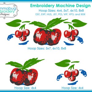 May include: Embroidery machine design featuring red cherries with green leaves and blue accents. The design includes the text "Embroidery Machine Design" and "Mommabug Embroidery Designs". Hoop sizes are listed as 4x4, 5x7, 6x10, and 8x8.
