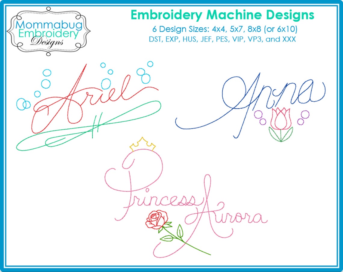 14 Individual Princess Autograph Signatures DIGITAL Embroidery Machine ...