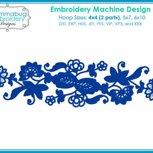 Puede incluir: Diseño de bordado floral azul para un proyecto de bordado a máquina. El diseño presenta una vid con flores y hojas. El diseño está disponible en varios tamaños de aro: 4x4 (2 partes), 5x7, 6x10. El diseño es compatible con los siguientes formatos de archivo de bordado: DST, EXP, HUS, JEF, PES, VIP, VP3 y XXX.