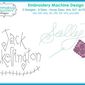 May include: Two embroidery designs featuring the names "Jack Skellington" and "Sally" in a whimsical, hand-drawn style. The designs are perfect for Halloween-themed projects.