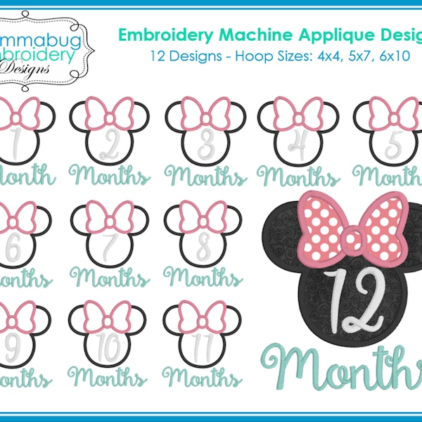 Girl Mouse Baby Milestone Months DIGITAL Embroidery Machine Design File