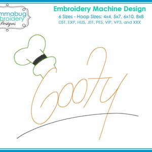 May include: An embroidery machine design with the word "Goofy" in a stylized script, and a green and black chef's hat. The design is set against a white background with a blue border. Text includes "Mommabug Embroidery Designs".