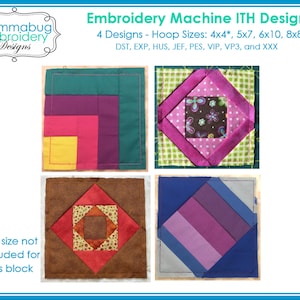 Op de afbeelding: Borduurmachine ITH-ontwerp met vier vierkante quiltblokken in diverse kleuren en patronen. De tekst bevat Mommabug Embroidery Designs, 4 Designs - Hoop Sizes: 4x4*, 5x7, 6x10, 8x8, bestandsformaten DST, EXP, HUS, JEF, PES, VIP, VP3 en XXX.