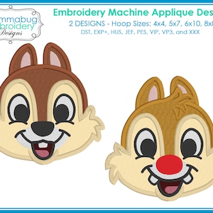 May include: Two embroidery designs of Chip from Disney's Chip and Dale. The designs are in applique style and feature Chip's face with a smiling expression. The designs are available in multiple hoop sizes: 4x4, 5x7, 6x10, and 8x8. The file formats included are DST, EXP+, HUS, JEF, PES, VIP, VP3, and XXX.