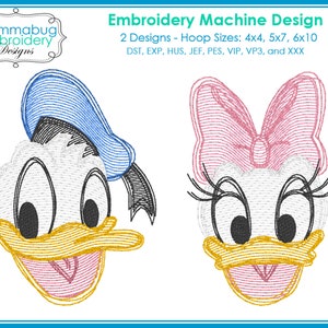 Donald and Daisy Scribble Sketch Faces- TWO Designs- DIGITAL Embroidery Machine Design File