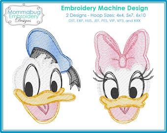 Donald and Daisy Scribble Sketch Faces- TWO Designs- DIGITAL Embroidery Machine Design File