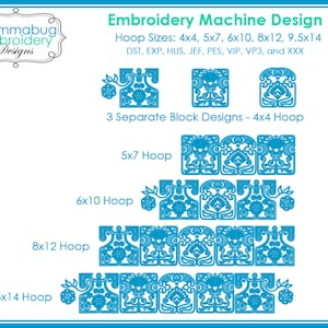 Könnte beinhalten: Eine Grafik mit Stickmusterdesigns für verschiedene Stickrahmengrößen. Die Designs sind blau und weiß und zeigen florale Muster. Die Stickrahmengrößen sind 4x4, 5x7, 6x10, 8x12 und 9,5x14 Zoll.
