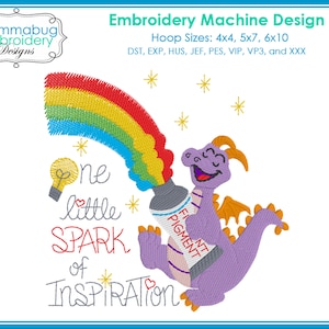 May include: Purple dragon holding a paint tube with a rainbow above it and the text "one little SPARK of InSPIRATion".
