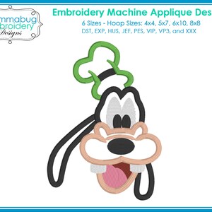 May include: An embroidery machine applique design of a cartoon character's face with a green hat. The design includes the text "Embroidery Machine Applique Design" and "Mommabug Embroidery Designs". Available in 6 sizes, including 4x4, 5x7, 6x10, and 8x8.
