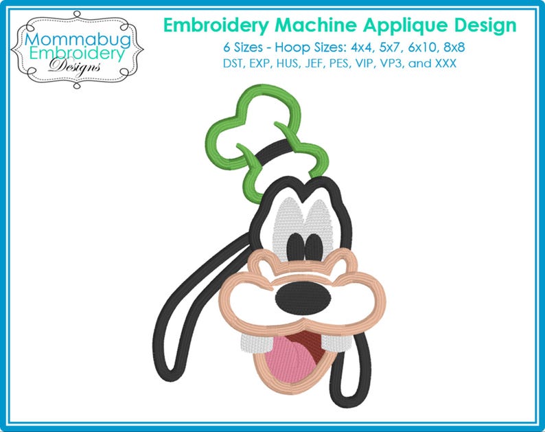 May include: An embroidery machine applique design of a cartoon character's face with a green hat. The design includes the text "Embroidery Machine Applique Design" and "Mommabug Embroidery Designs". Available in 6 sizes, including 4x4, 5x7, 6x10, and 8x8.