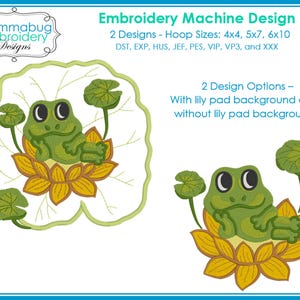 Puede incluir: Diseño de máquina de bordar con una rana verde sobre una flor amarilla, con y sin fondo de nenúfar. El diseño incluye el texto "Mommabug Embroidery Designs" y está disponible en varios tamaños de bastidor.