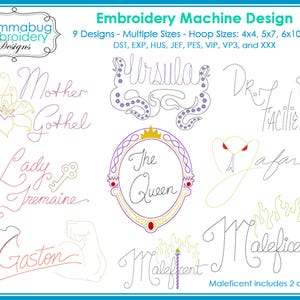 May include: An embroidery machine design featuring nine different designs with various sizes. The designs include the names "Ursula", "Dr. Facilier", "Mother Gothel", "Lady Tremaine", "The Queen", "Jafar", "Gaston", and "Maleficent". The image also includes the Mommabug Embroidery Designs logo.