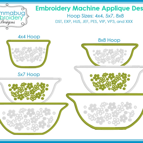 Spring Blossoms Pyrex Bowls Stacked Applique DIGITAL Embroidery Machine Design File