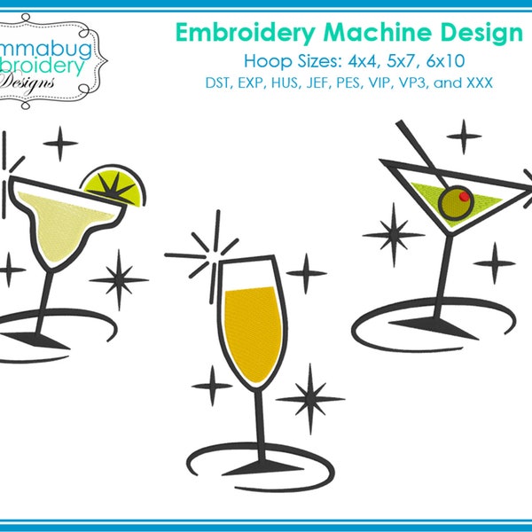 Retro Cocktails Digital Embroidery Machine Design File - Set 2: Martini, Margarita, and Mimosa