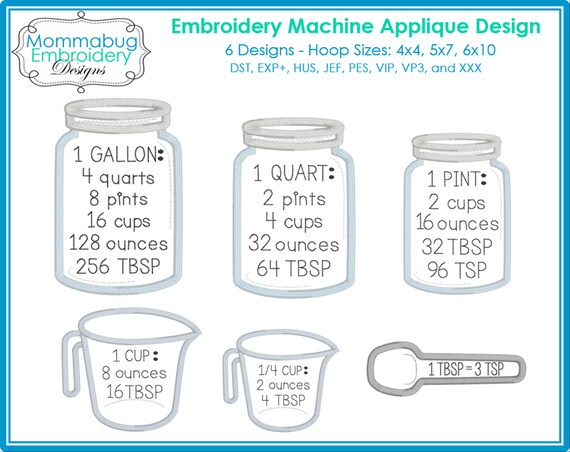 Kitchen Measuring Conversion Set Mason Jars Measuring Cups and Spoon  DIGITAL Embroidery Machine Design File 