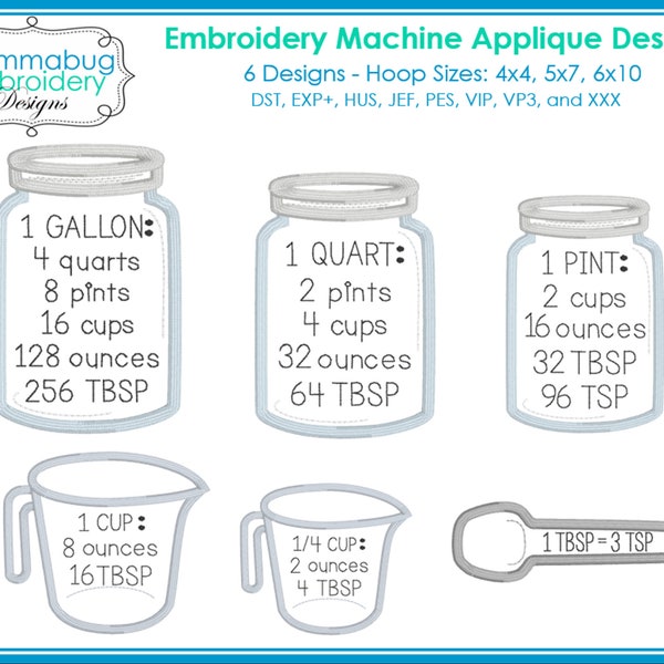 Kitchen Measuring Conversion Set Mason Jars Measuring Cups and Spoon DIGITAL Embroidery Machine Design File