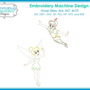 May include: Line art embroidery design of Peter Pan and Tinkerbell flying. The design is available in multiple hoop sizes: 4x4, 5x7, 6x10. The design is available in the following formats: DST, EXP+, HUS, JEF, PES, VIP, VP3, and XXX.